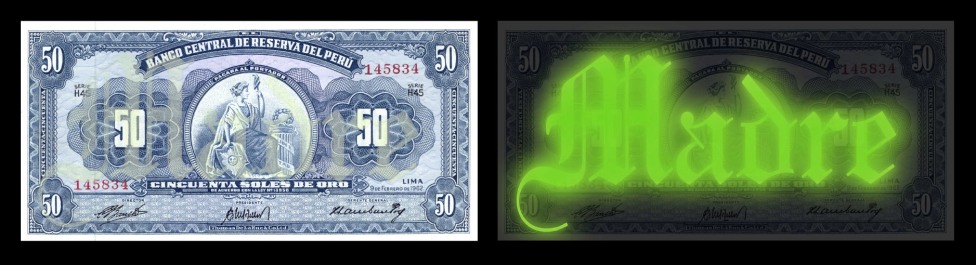 S/T - Serie Madre Mía, serigrafia fluorescente sobre billetes. 2012